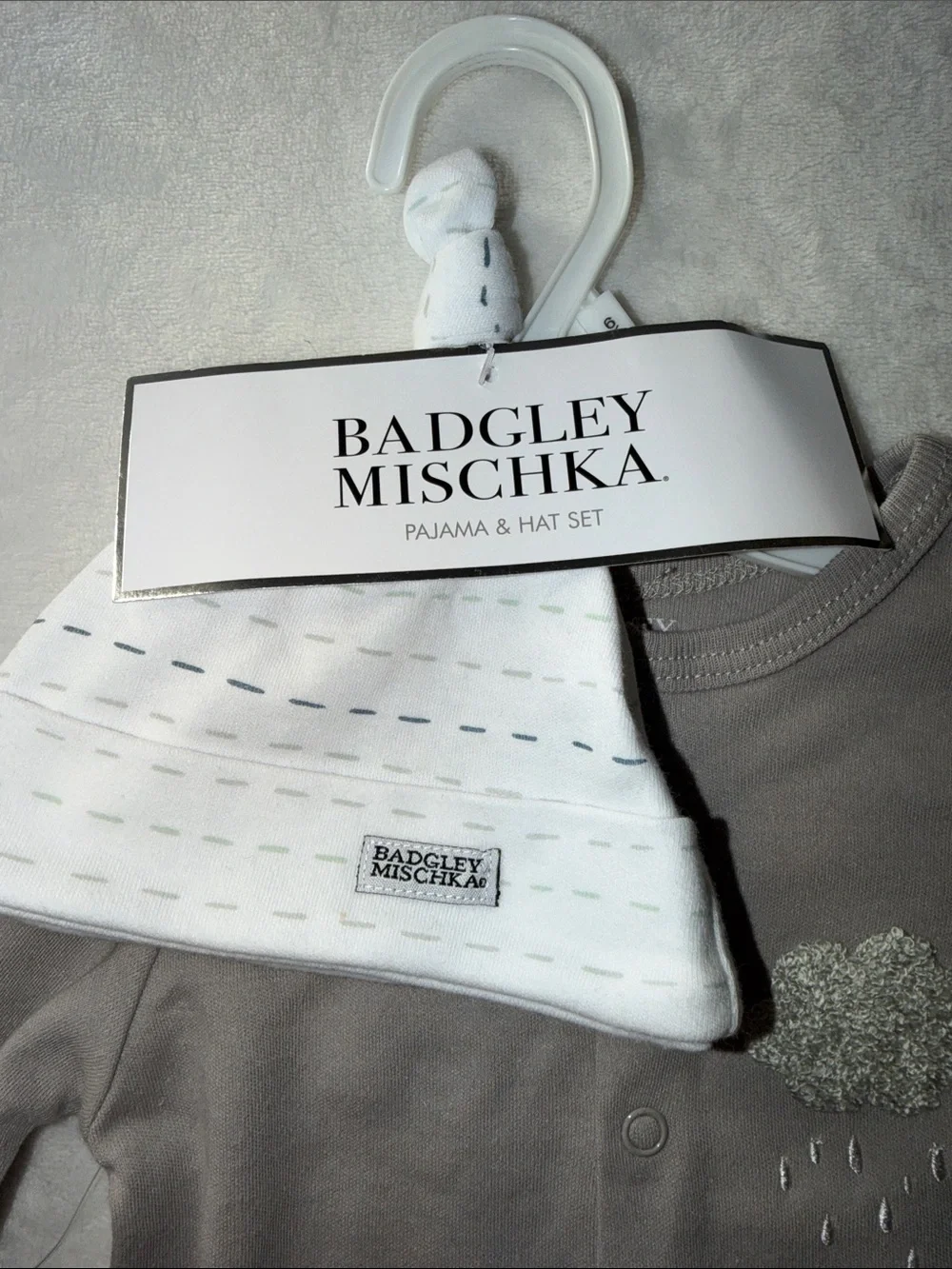 Badgley Mischka Taupe Footed One-Piece with White Hat - Cloud Embroidery